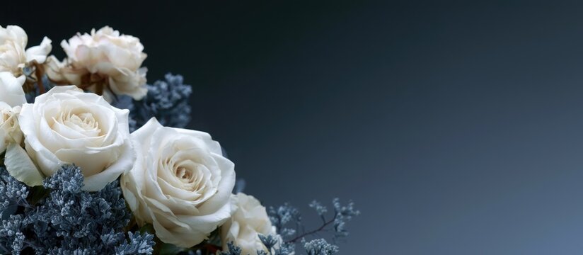 White roses and dried flowers arranged elegantly on a dark background, suitable for funeral cards, memorials, or remembrance occasions