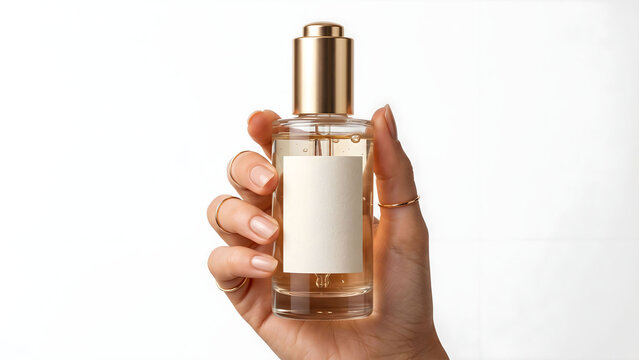 Hand holding a luxury clear glass cosmetic dropper bottle with a gold pump cap