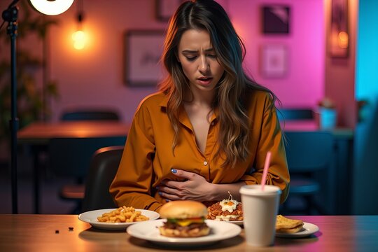 Candid Shot of Influencer at Chic Table, Wincing with Concern Amid Half-Eaten Fast Food in Soft, Colorful Lighting