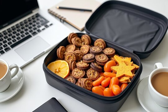 Create a Chic Flat Lay Featuring a Portable Lunch Box Brimming with Vibrant Gluten-Free Snacks, Accompanied by a Modern Laptop, Coffee Mug, and Notebook.