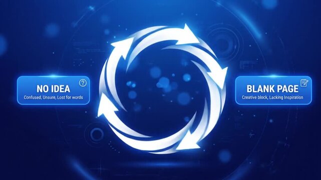 A creative process cycle illustrating brainstorming and idea generation with arrows on a dark blue background with glowing elements.
