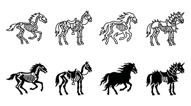 Collection of fantasy skeleton horse icons for rpg games and dark themes with skeleton mythical silhouette creature