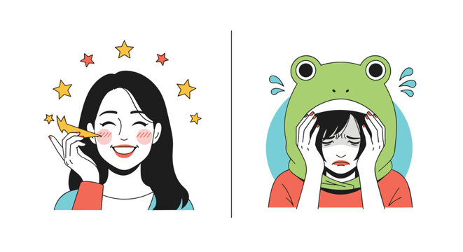 Contrast of emotions is shown between a happy smiling woman with stars and a sad woman wearing a green frog hat and crying.