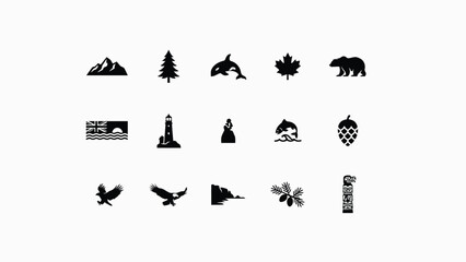 Obraz premium Modern black and white silhouette icons representing wildlife nature and cultural symbols for branding