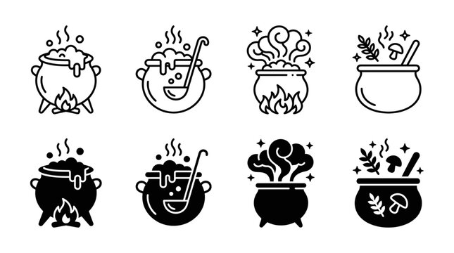 Witch potion making cauldron icon set with ingredients cauldron halloween ingredient mushroom collection isolated