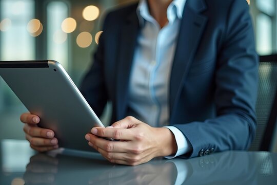 Close-Up of a Focused Professional at a Modern Office Desk, Intensely Browsing the Senior Leadership Directory on a Tablet with Reflections