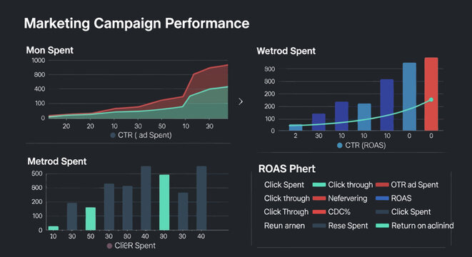 Marketing campaign performance, analytics dashboard, business metrics, financial charts, vector graphics