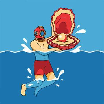 Diver emerging from water holding a large opened oyster with a pearl