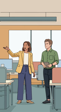 Colleagues discussing project at modern office desks with computers