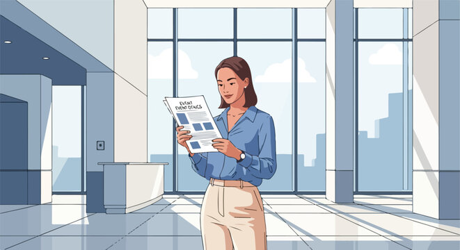 Woman in office lobby reading event details