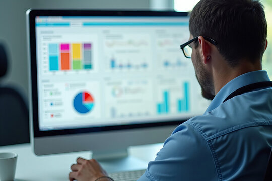 Close-Up Shot of a Medical Billing Specialist Engaged with Colorful Charts and Health Data on Screen, Emphasizing Organizational Skills