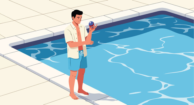 Man holding ball by swimming pool edge on sunny day