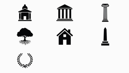 Fototapeta premium Minimalist black silhouette icons of classical architecture and nature symbols arranged in a balanced grid composition