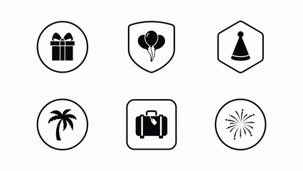 Six minimalist icons representing celebration travel vacation and festive themes in modern flat design style © Mrittunjoy