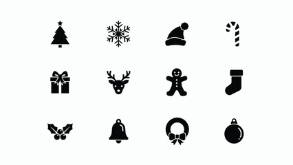 Minimalist holiday icon set featuring festive symbols like tree snowflake gift reindeer and bell for seasonal designs © Mrittunjoy