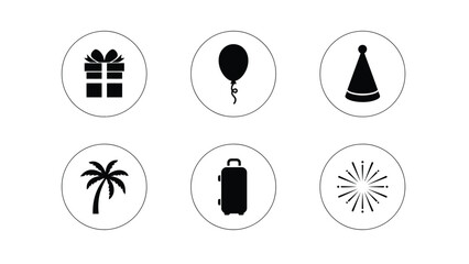 Six minimalist icons representing celebration travel and vacation themes in a flat vector style for marketing © Mrittunjoy
