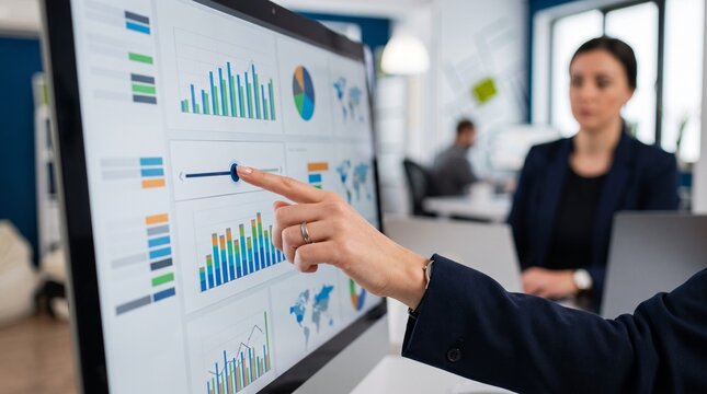 Businesswoman pointing at financial charts and graphs on computer screen in modern office setting