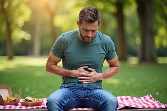 Unfiltered Moment: Man on Park Bench Grips Stomach in Discomfort, Surrounded by Takeout and Nature