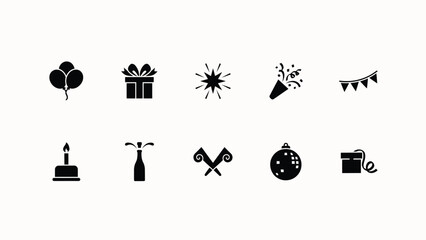 Naklejka premium Minimalist celebration icons set featuring balloons gift confetti party horn bunting candle champagne scissors disco ball and popper for festive designs