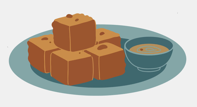 Cubes of sweet bread served with a dipping sauce on a plate