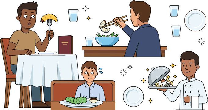 People Eating Insects and Novel Food Vector Illustration Set with Edible Grubs and Caterpillars in Restaurant for Future Sustainability Concepts