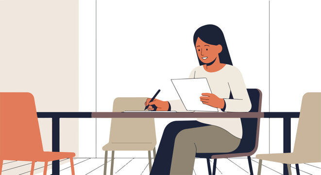 Woman writing at a table in an office meeting room