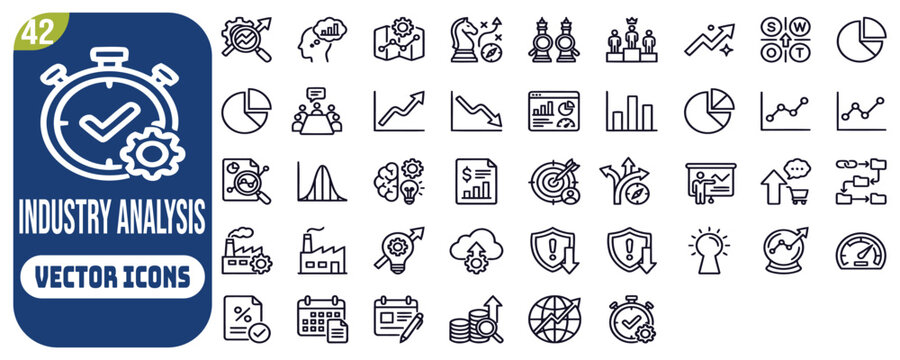 Industry analysis icon set. Contain icons related to industry,  strategy, competitor, trends, swot,  market share, cand more. editable stroke. Vector illustration.