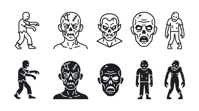 Collection of scary zombie icons with walking poses and portrait heads in outline and silhouette creature portrait