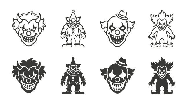 Collection of devilish clown and jester character icons in black and white styles with halloween illustration menacing