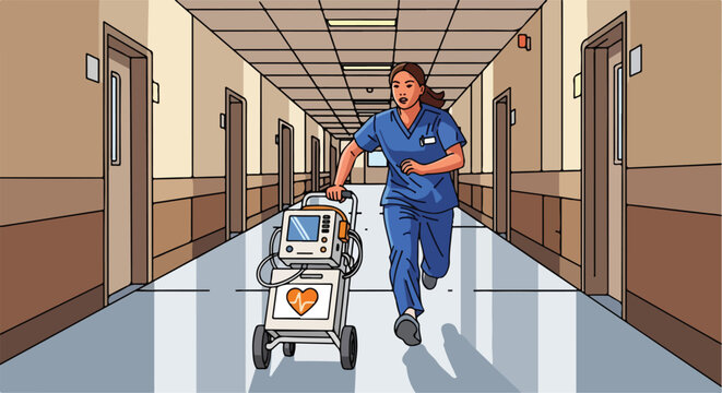 Medical professional rushes equipment down hospital corridor