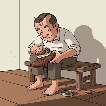 An old man polishes his shoes with a brush while sitting on a wooden bench indoors