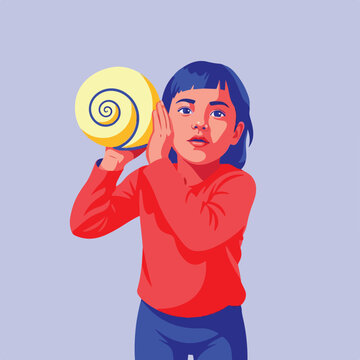 Young child listening to seashell, indoors