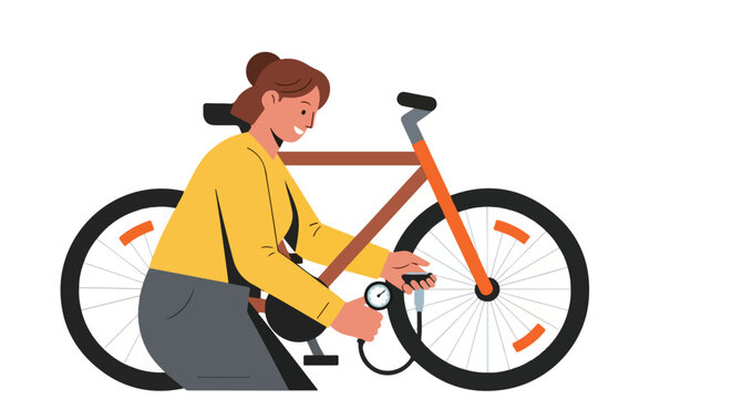 Woman inflating bicycle tire with pump and gauge at home