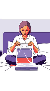 Woman organizing documents in a plastic sleeve on a bed
