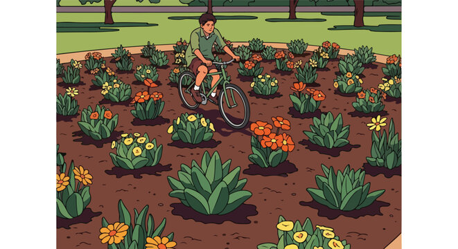 Man riding bicycle through flower garden in park