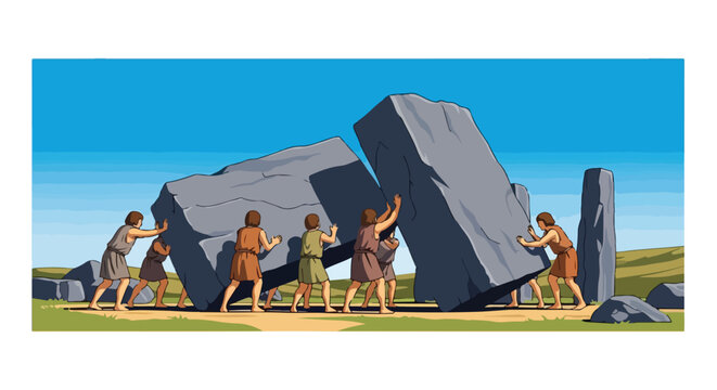 Prehistoric people collaboratively pushing massive stones to build ancient structures