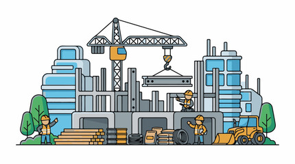 Fototapeta premium Construction site with crane workers and machinery building