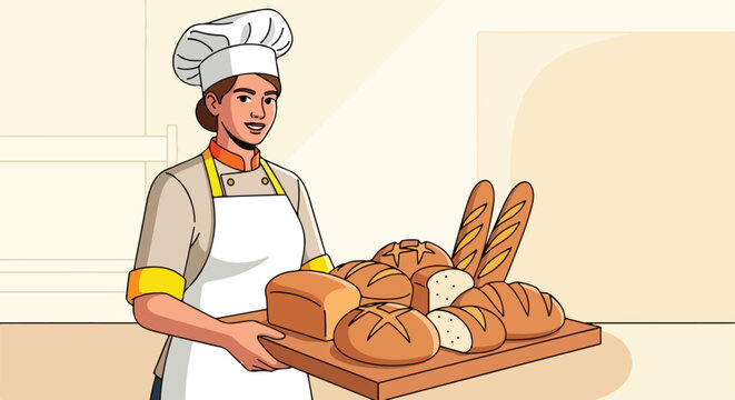 Baker holding a tray of fresh bread in a bakery