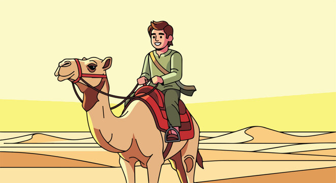 Cartoon man riding a camel across sand dunes under a yellow sky