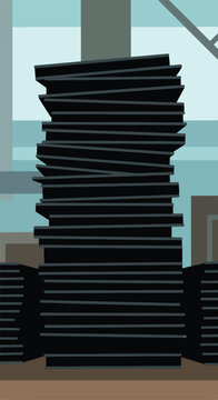 Tall stack of dark rectangles in a geometric urban background