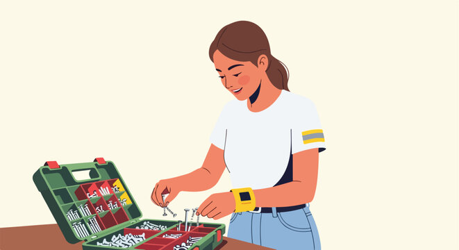 Woman organizing hardware in a toolbox on a table