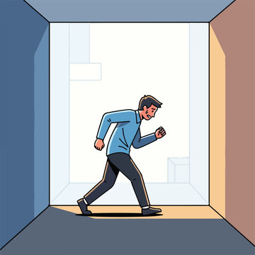 Stressed man running through abstract corridor towards light