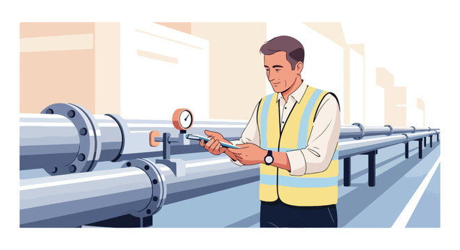 Technician monitors pressure gauge and checks device near industrial pipelines