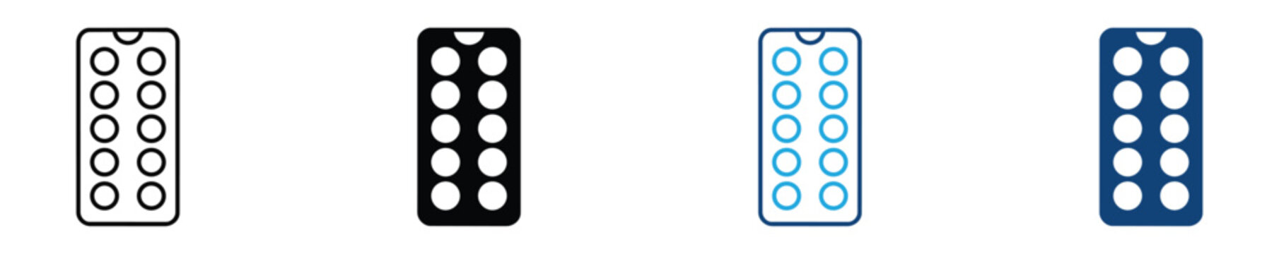 Medicine blister pack icon set, pharmacy medication packaging symbols.