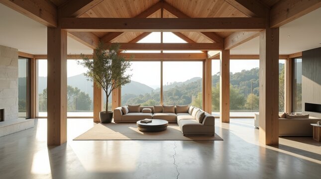 Sala de estar contempor&aacute;nea de doble altura con vigas de madera vistas en el techo