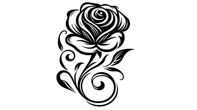 Black and white line art illustration of a single rose with decorative swirls and leaves