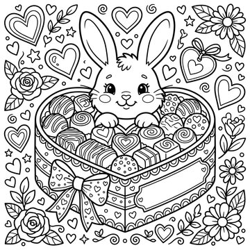 Cute bunny with heart chocolate box coloring page