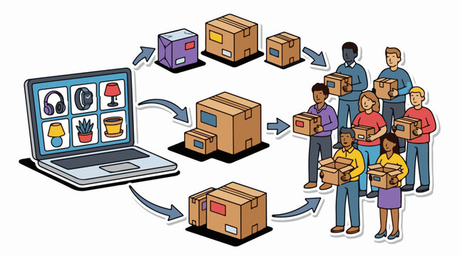 Illustration of online shopping packaging and delivery process