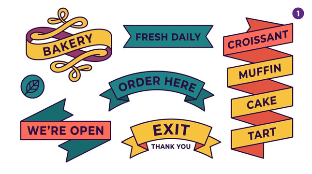 Vibrant vector bakery banners and labels for food shops. Graphic design elements for cafes featuring promotional text like 'Bakery' and 'Order Here' for branding