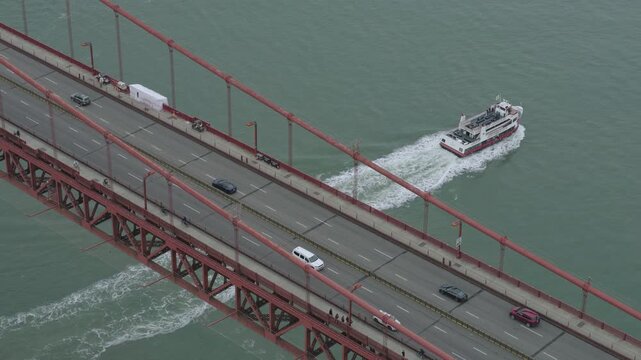 Passenger Ferry Beneath Golden Gate Bridge Road - Medium, Aerial Shot